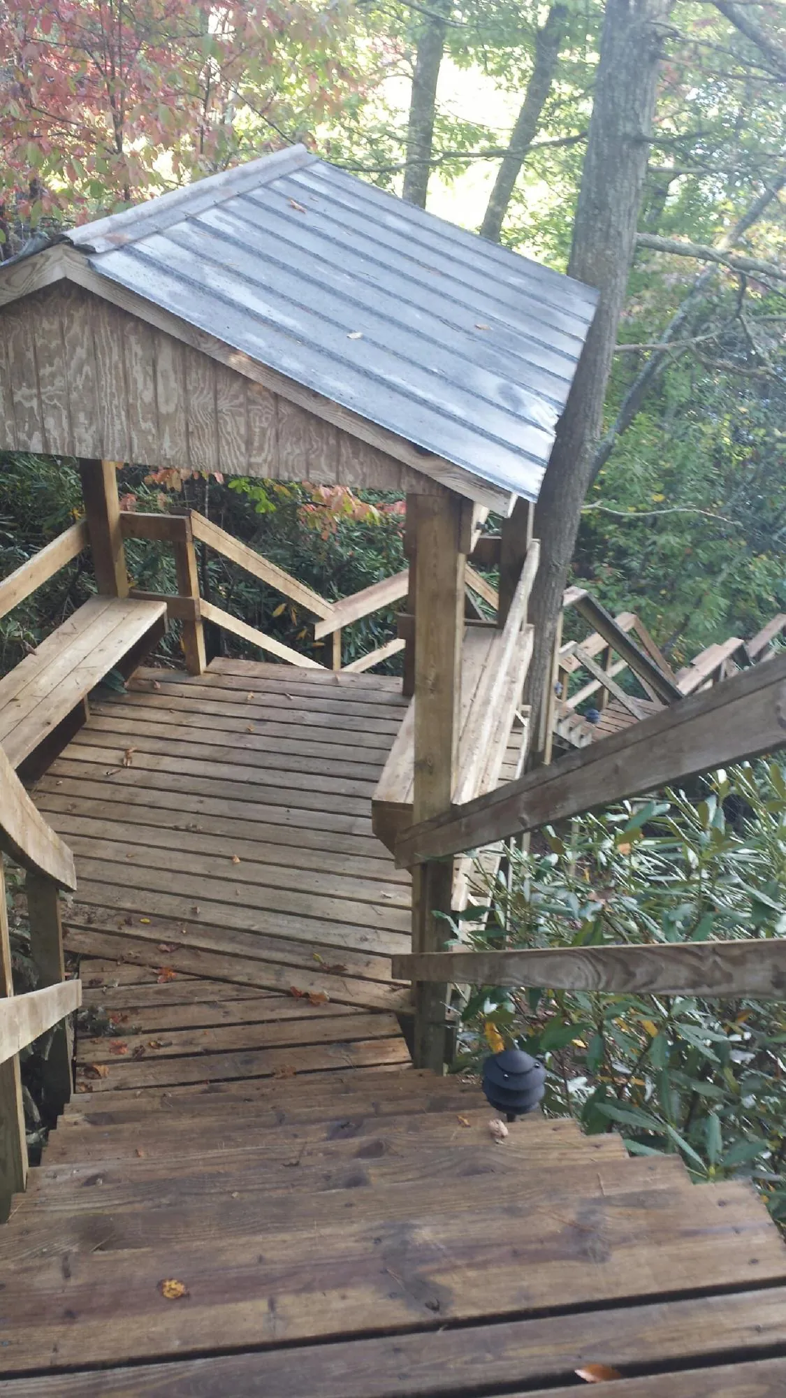 Metal roofed shelter over wooden steps on a wooded walkway — Skylight Repair & Installation work by our crew in Kasson